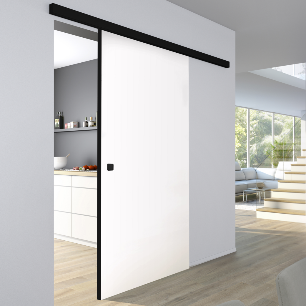 Schiebetür ONTARIO BIANCO NERO weiß matt blickdicht 9016, BLACK EDGE 935x2058x39mm